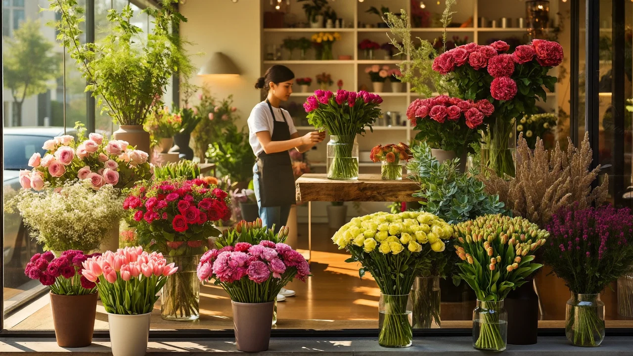Helles Blumengeschäft hinter großem Fenster mit Eimern voller Schnittblumen im Morgenlicht