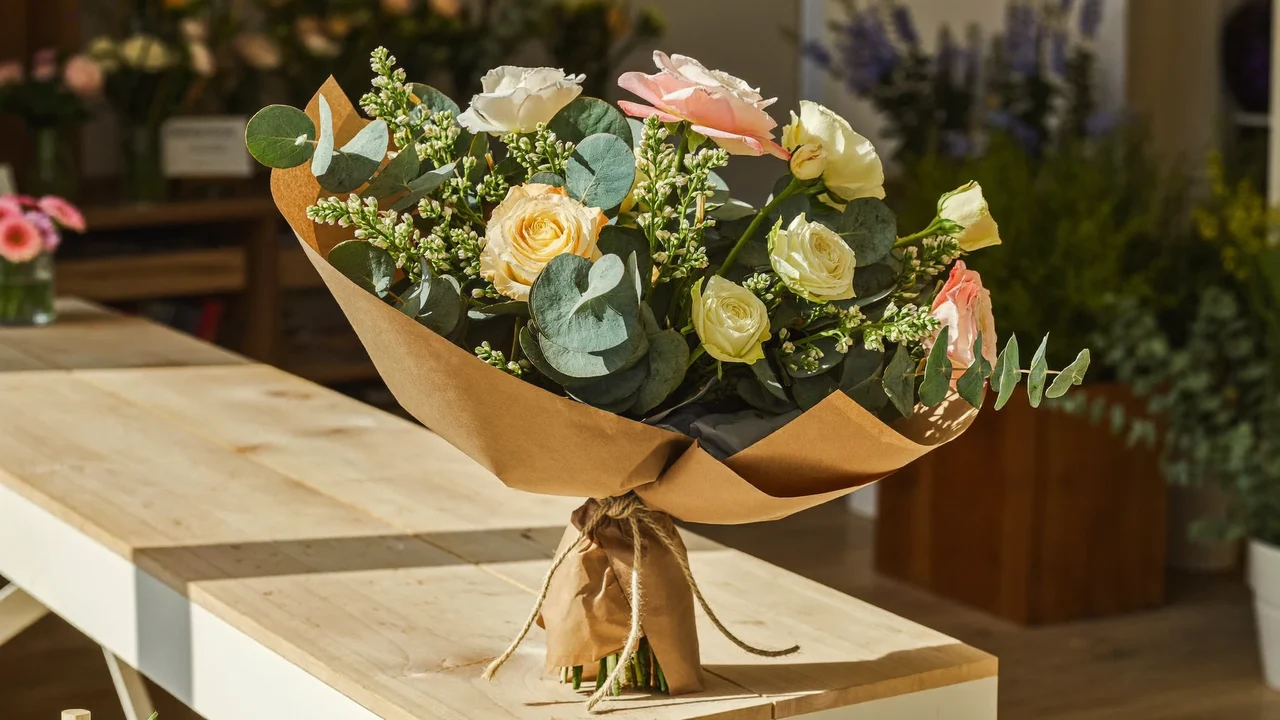 Handgebundener Strauß aus Rosen, Ranunkeln und Eukalyptus in Kraftpapier auf hellem Holz