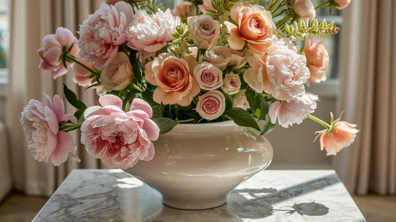 Pastellfarbene Pfingstrosen und Gartenrosen in cremefarbener Keramikvase auf Marmor